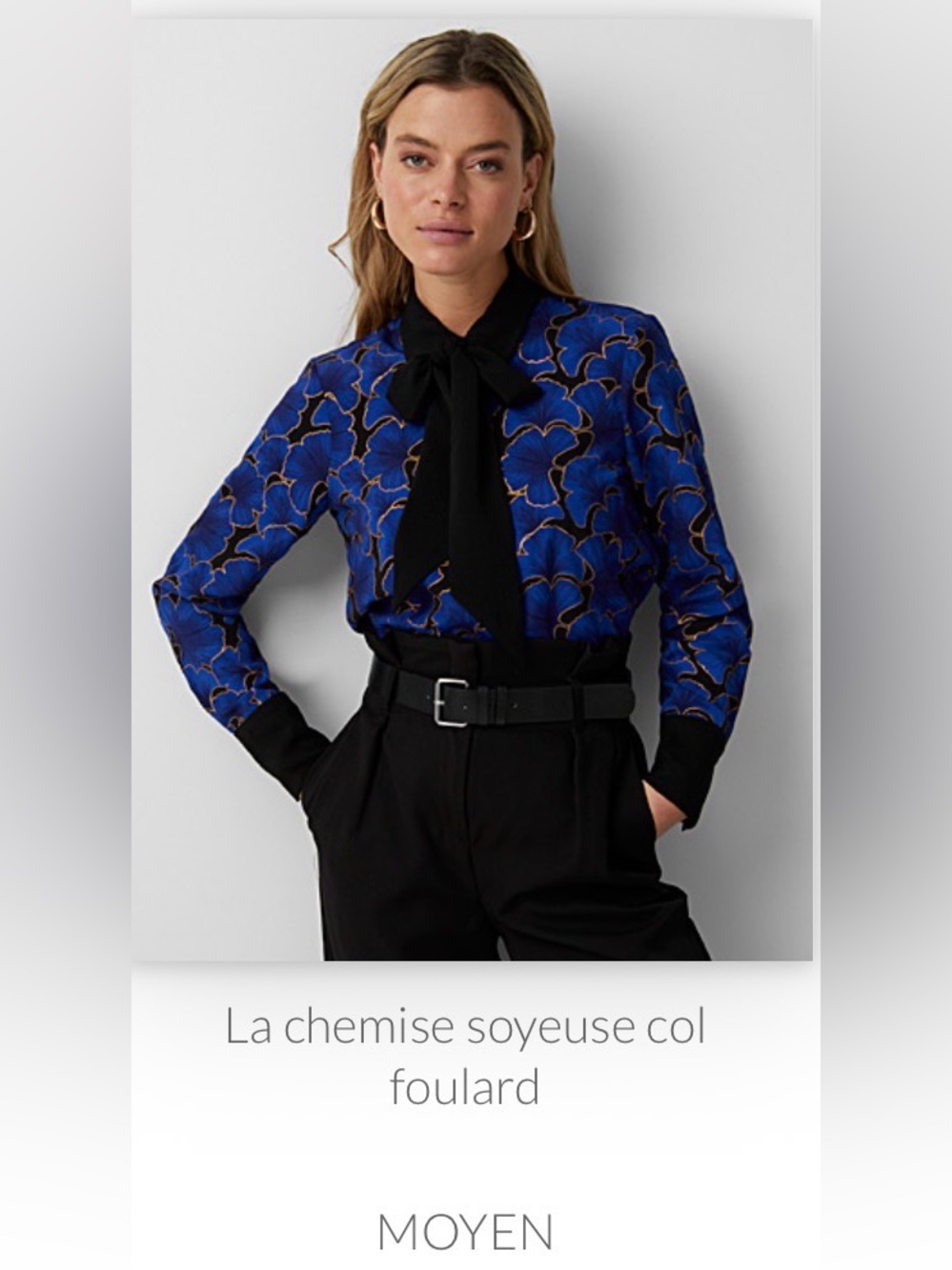 Simons Blue Floral Tie-Neck Blouse with Black Trim